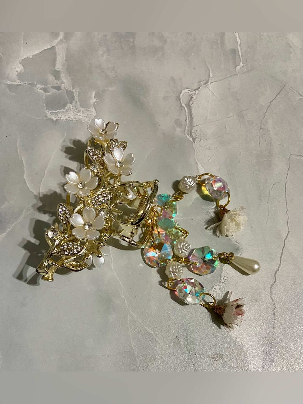 Hand Crafted Gold Floral Pearl Dangle Hair Clip with Iridescent Beads